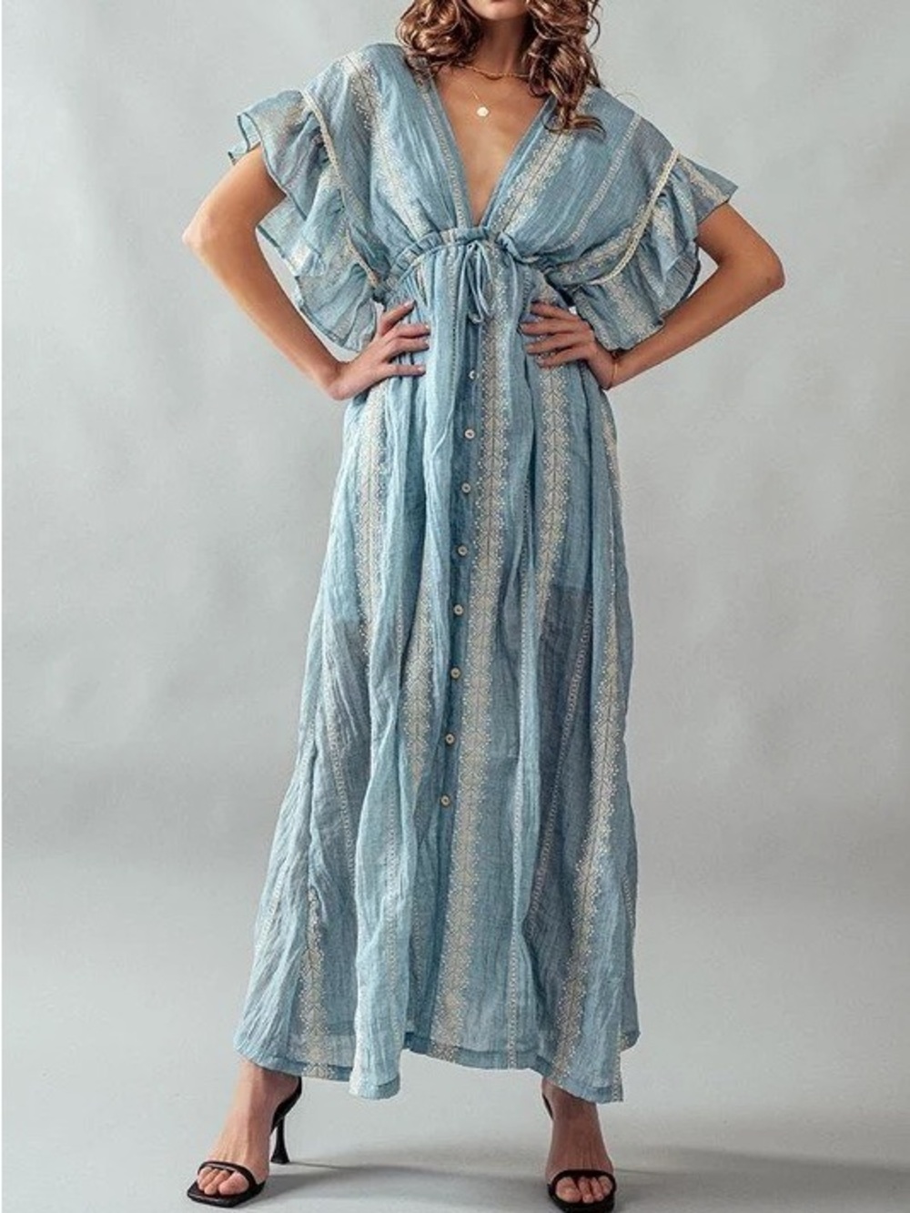 Urban Daizy Cottagecore Prairie Light Blue Embroidered Maxi Dress S Flowy Airy